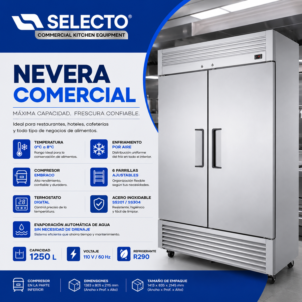 Refrigeradora Nevera Industrial Comercial de Acero Inoxidable 2 Puertas 1250L 110V/60Hz VERTR-02