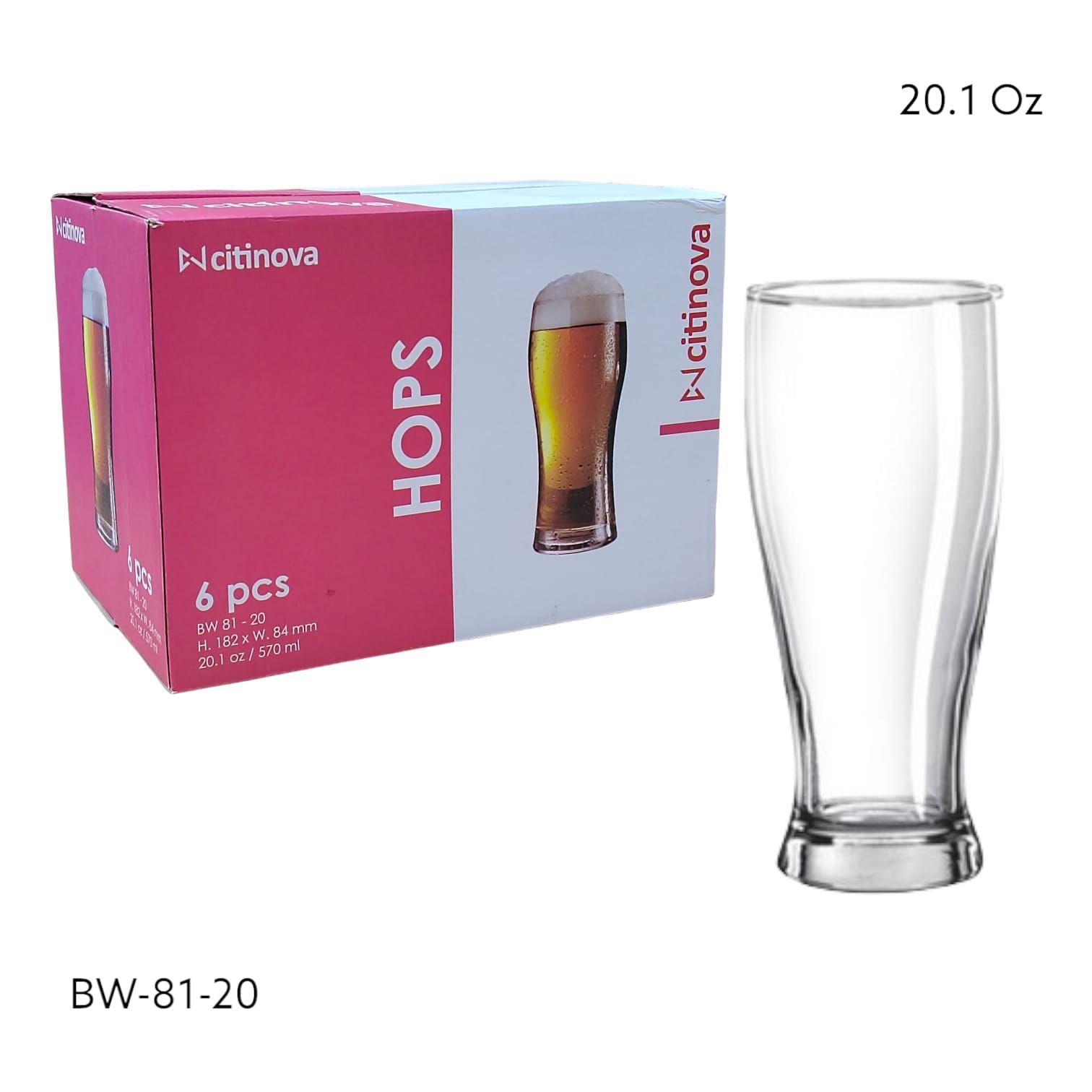 Set 6 Vasos de Vidrio 20.1oz para Cervezas Hops BW-81-20 Selecto
