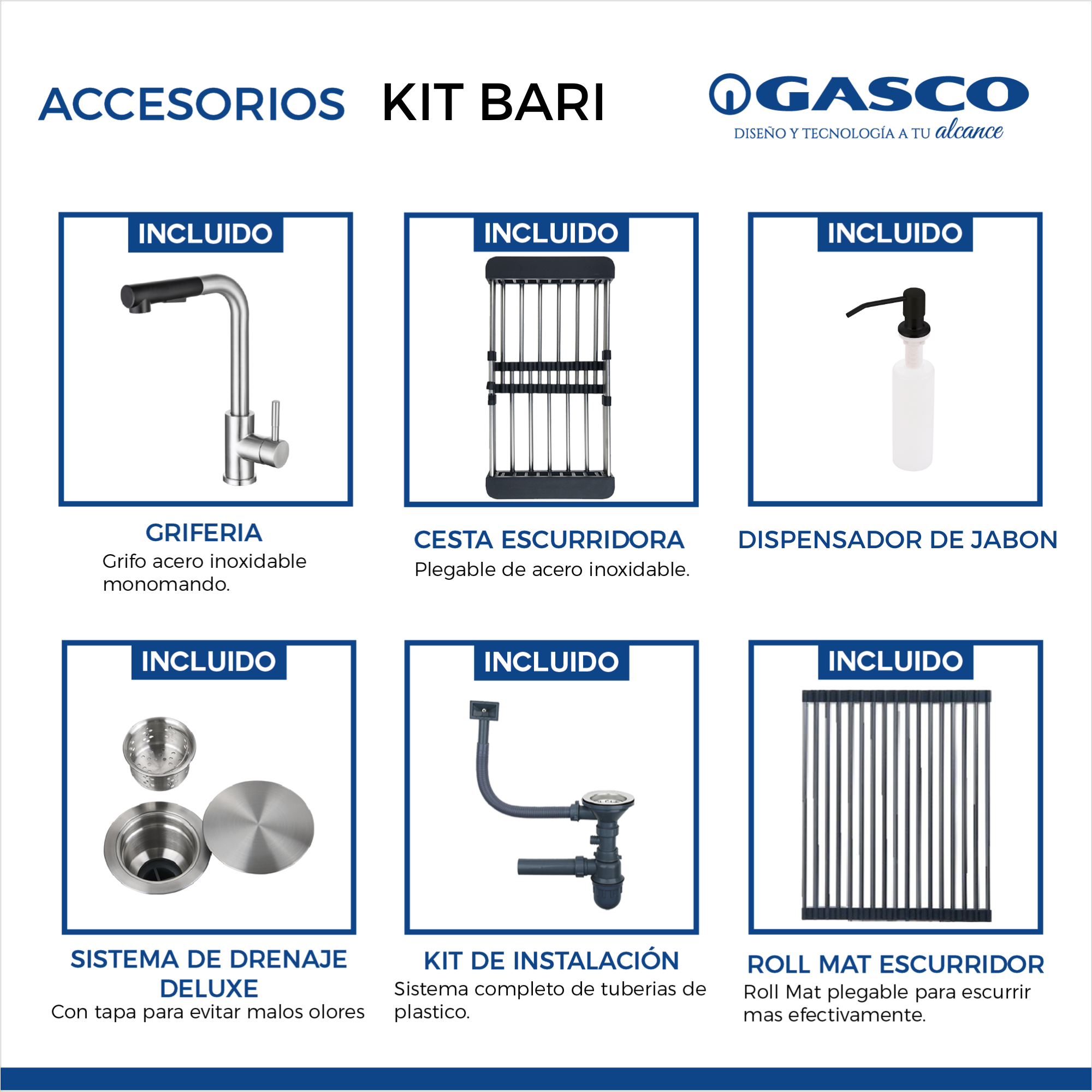 Kit Grifo & Fregador de 2 Tinas de Acero Inoxidable Bari Gasco
