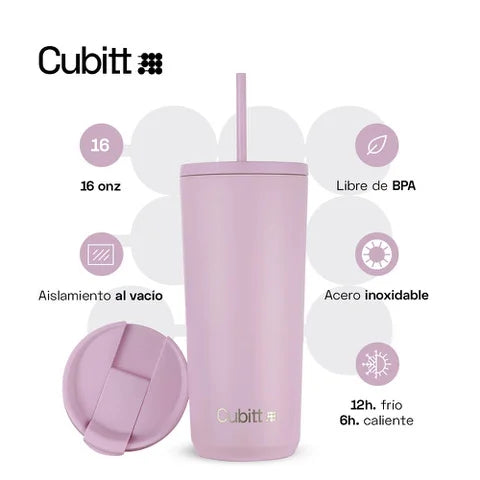 Termo con Carrizo de Acero Inoxidable 16oz con Tapa Hermética Lila Cubitt CT-MUG4