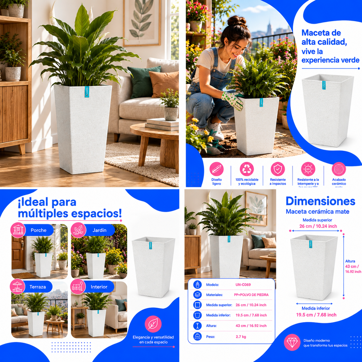 Maceta Cuadrada Alta Blanco Con Acabado Cerámico Mate Para Interior Y Exterior L26*H43cm Resistente A Rayos UV. UN-C069