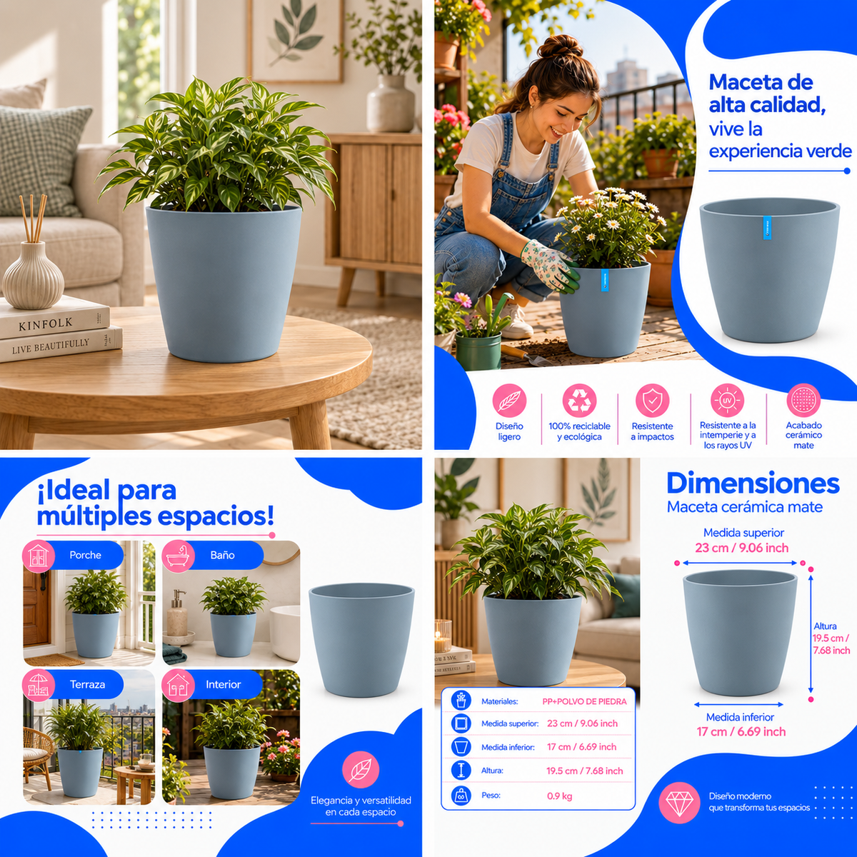 Maceta Decorativa Gris Oscuro Con Acabado Cerámico Mate Para Interior Y Exterior D23*H19.5Cm Resistente A Rayos UV. UN-C075