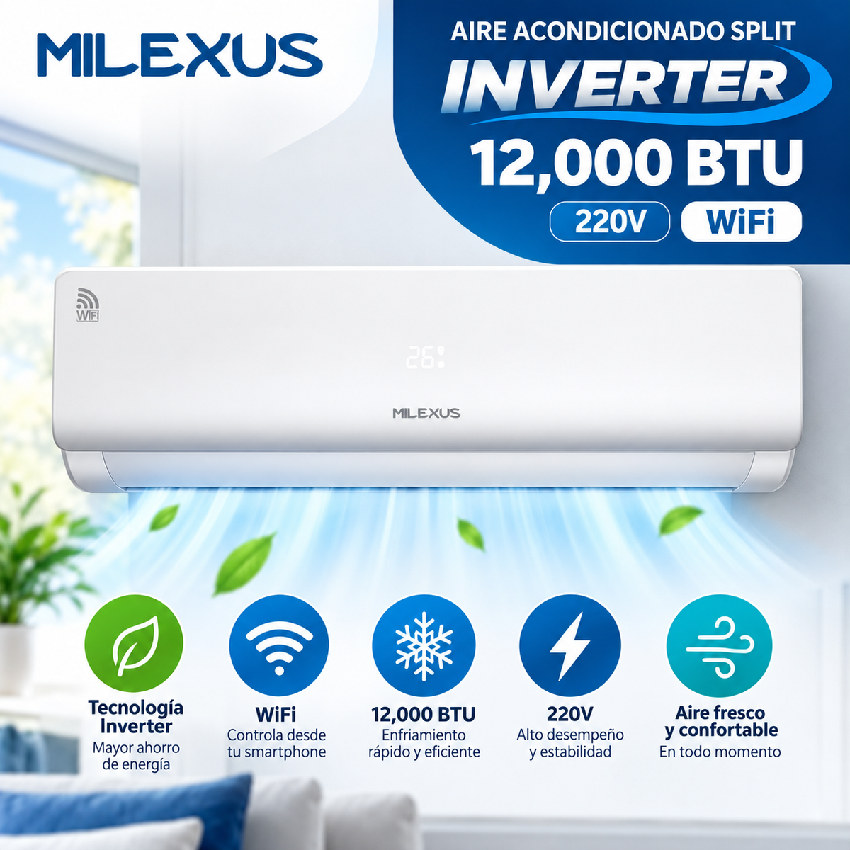 Aire Acondicionado Split Inverter Milexus 12,000 BTU 220V SEER 16 con WiFi ML-INVERTER-12K-220V-W