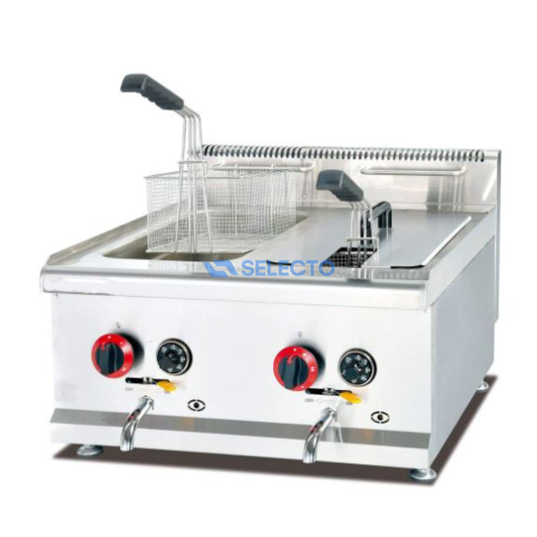 Freidora de Acero Inoxidable a Gas con Doble Cesta 8L+8L con Termostato HGF-72A