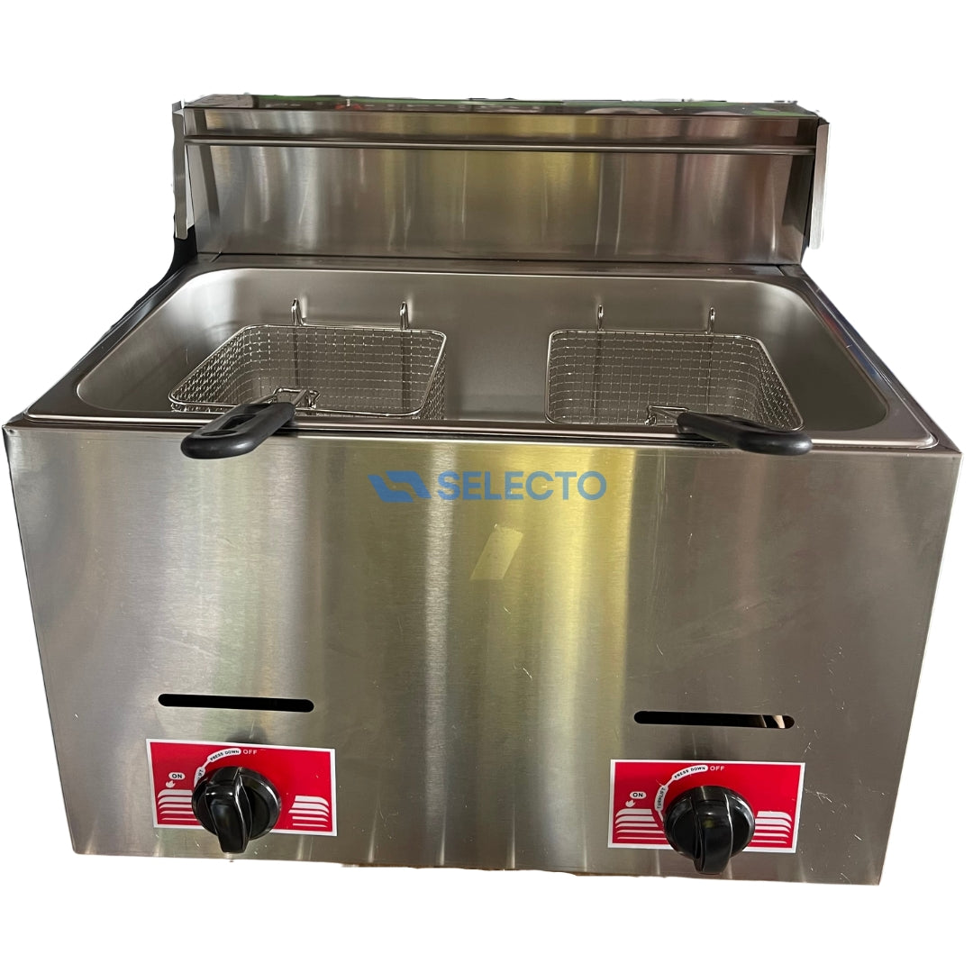 Freidora a Gas de Acero Inoxidable 1 Tina con 2 Cesta 12 Litros