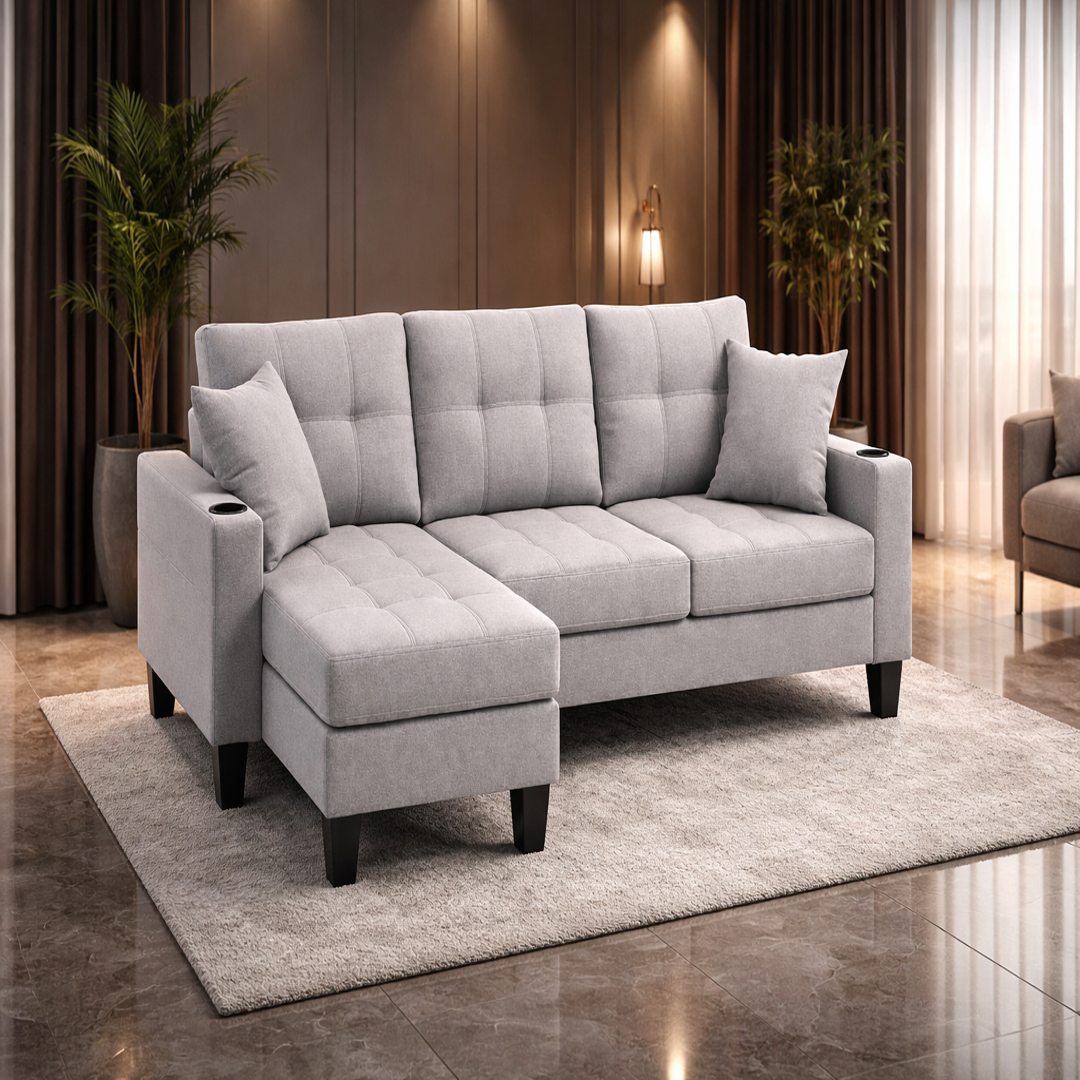 Sofá en L de Tapicería de Tela Gris con Porta Vasos 65x183x120cm LEG6818 Selecto