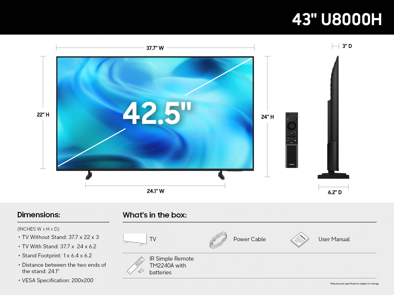Televisor Smart TV LED 43" 4K Crystal UHD 4K AI Upscaling Motion Xcelerator Dynamic Sound Pack Samsung UN43U8000HPXPA