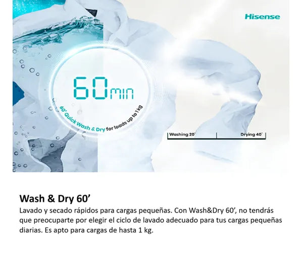 Centro de Lavado Lavadora y Secadora 2en1 15kg/10kg Eléctrico Carga Frontal Hisense WD3S1543BT