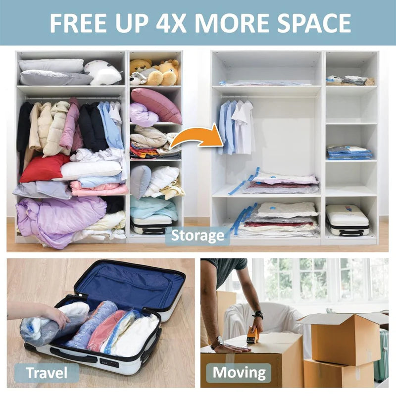 Bolsas De Almacenamiento Al Vacío Para Ropa. (Set De 12 Piezas) Incluye Bomba De Mano. Ideal Para Viajes. AB089