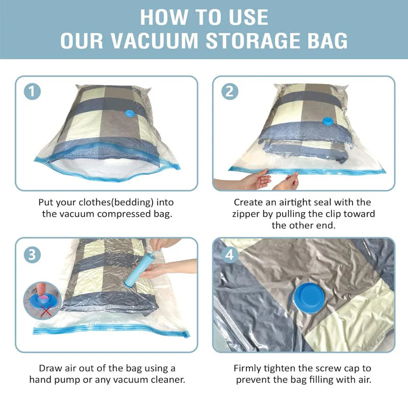 Bolsas De Almacenamiento Al Vacío Para Ropa. (Set De 12 Piezas) Incluye Bomba De Mano. Ideal Para Viajes. AB089