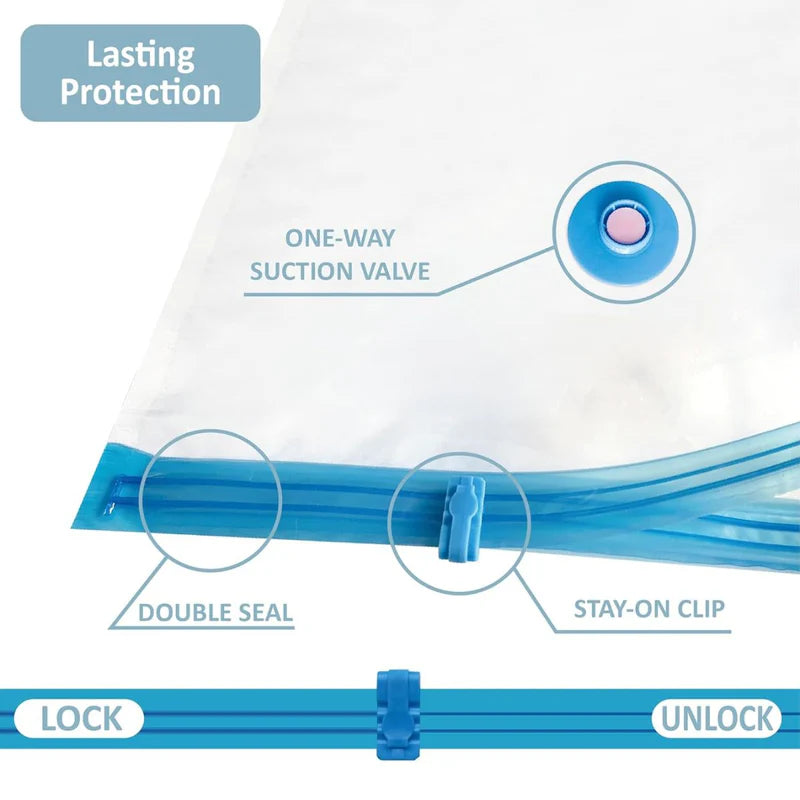 Bolsas De Almacenamiento Al Vacío Para Ropa. (Set De 12 Piezas) Incluye Bomba De Mano. Ideal Para Viajes. AB089