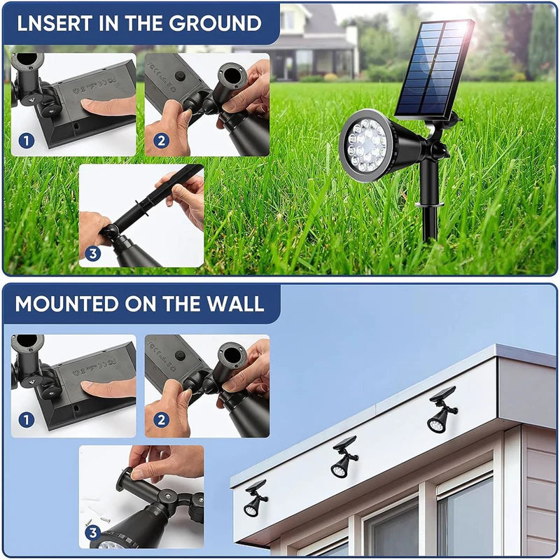 Foco Lampara Solar Para Césped O Pared 18LED. Lampara Negra Con Panel Sol Integrado. Reflector Solar Para Jardín. Ilumina Hasta 7 Metros. (Luz Blanca) AB177