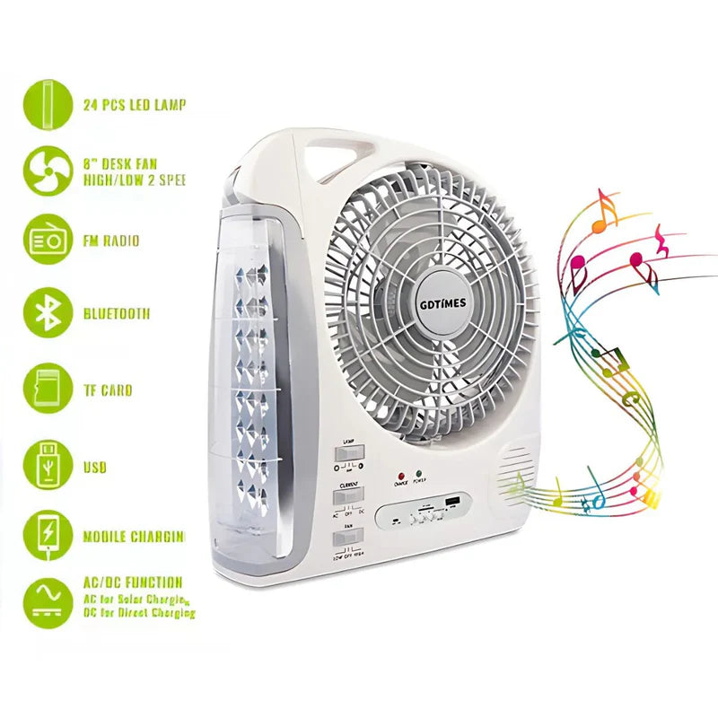 Abanico Solar Portátil 8". Ventilador Recargable Con Panel Solar. Con Luz LED Y Bocina Integrada. AB839