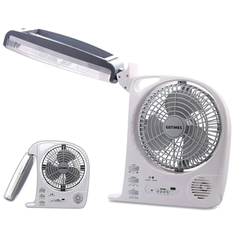 Abanico Solar Portátil 8". Ventilador Recargable Con Panel Solar. Con Luz LED Y Bocina Integrada. AB839