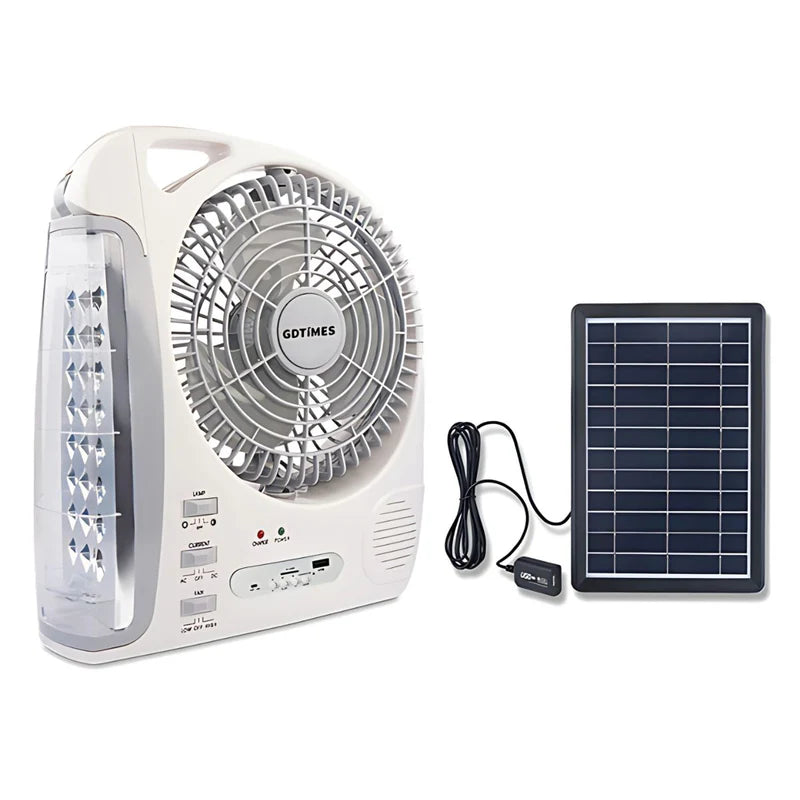 Abanico Solar Portátil 8". Ventilador Recargable Con Panel Solar. Con Luz LED Y Bocina Integrada. AB839