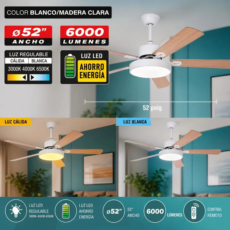 Abanico De Techo 52” Con Control Remoto Y Luz LED 6000 Lúmenes. Ventilador De Aspas Planas De 56W Luz Regulable. Color Madera ANF3560