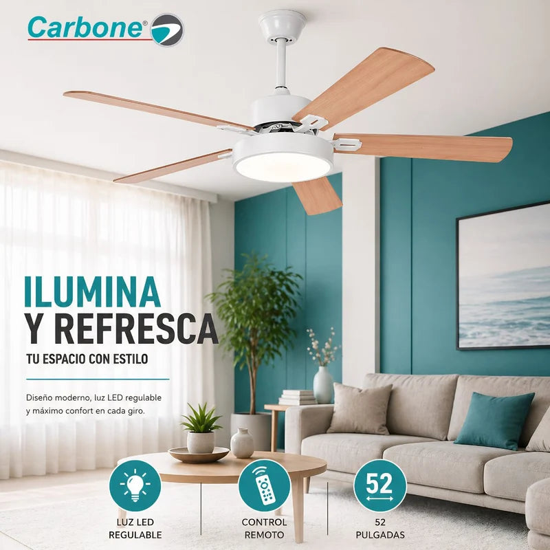 Abanico De Techo 52” Con Control Remoto Y Luz LED 6000 Lúmenes. Ventilador De Aspas Planas De 56W Luz Regulable. Color Madera ANF3560