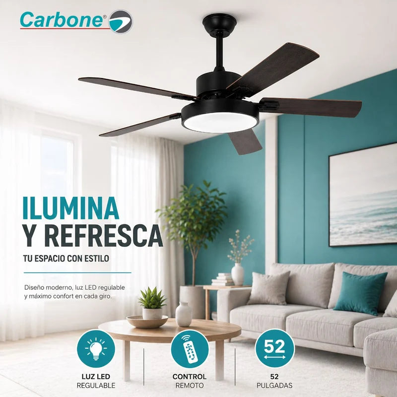 Abanico De Techo 52” Con Control Remoto Y Luz LED 6000 Lúmenes. Ventilador De Aspas Planas De 56W Luz Regulable. Color Negro ANF388
