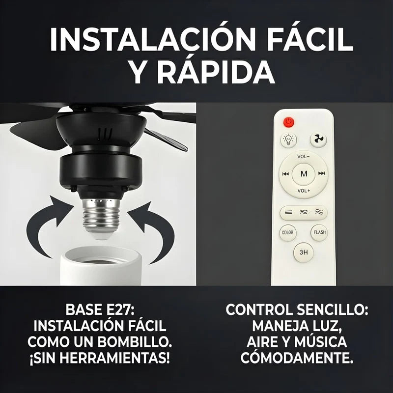 Abanico De Techo 20” Con Socket E27, Luz LED RGB Y 3 Tonos, Bocina Bluetooth. Ventilador Con 6 Aspas, 1600 Lúmenes Y Control Remoto. Color Negro. ELT0405