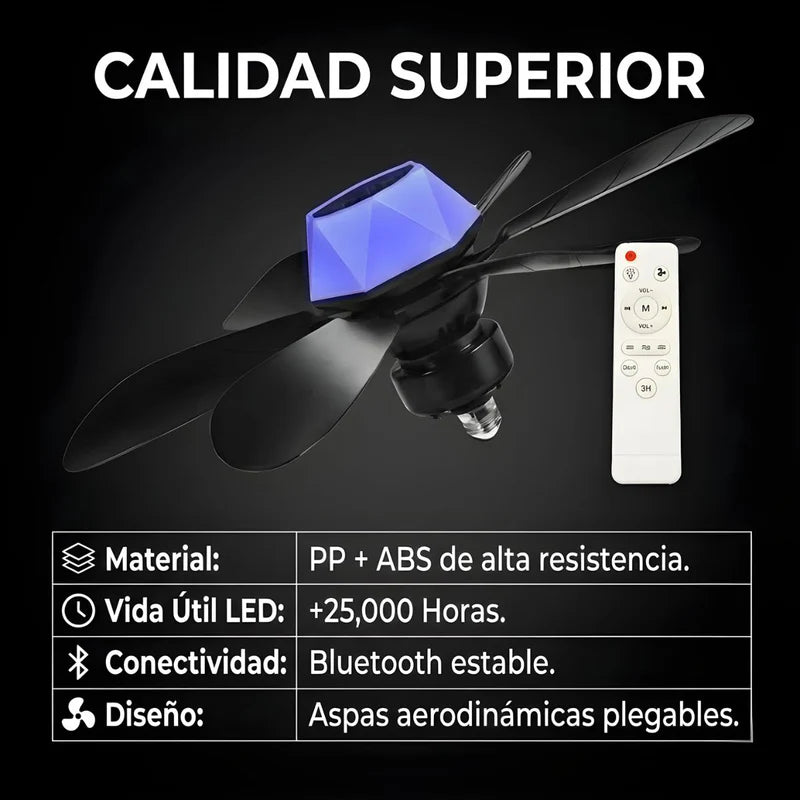Abanico De Techo 20” Con Socket E27, Luz LED RGB Y 3 Tonos, Bocina Bluetooth. Ventilador Con 6 Aspas, 1600 Lúmenes Y Control Remoto. Color Negro. ELT0405