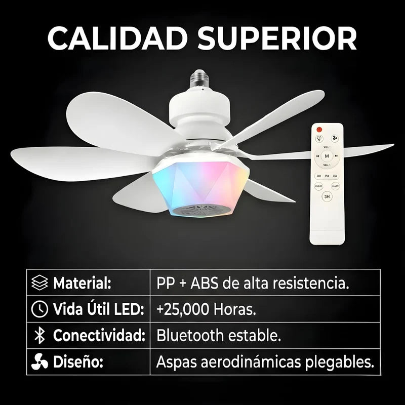 Abanico De Techo 20” Con Socket E27, Luz LED RGB Y 3 Tonos, Bocina Bluetooth. Ventilador Con 6 Aspas, 1600 Lúmenes Y Control Remoto. Color Blanco. ELT0406