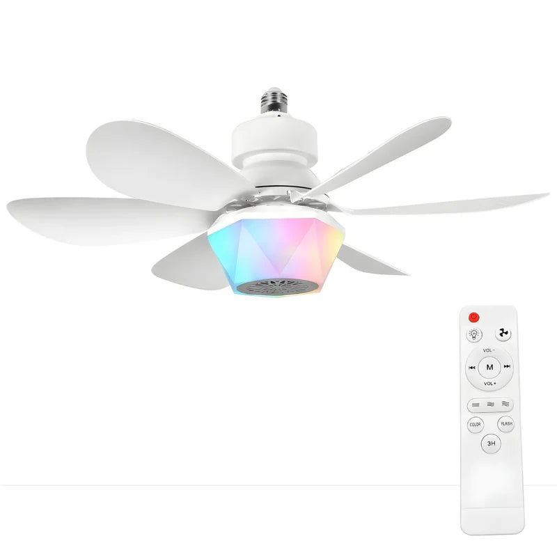 Abanico De Techo 20” Con Socket E27, Luz LED RGB Y 3 Tonos, Bocina Bluetooth. Ventilador Con 6 Aspas, 1600 Lúmenes Y Control Remoto. Color Blanco. ELT0406