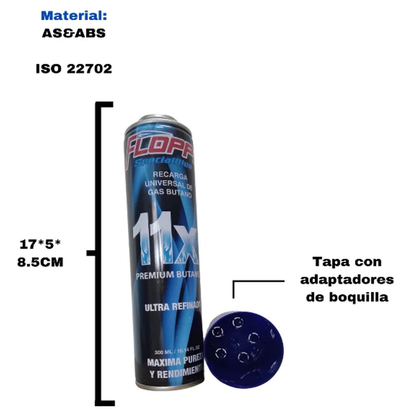 Gas Butano Universal Premium Ultra Refinado 300 Ml Para Recarga. Incluye Adaptadores FL-RG11