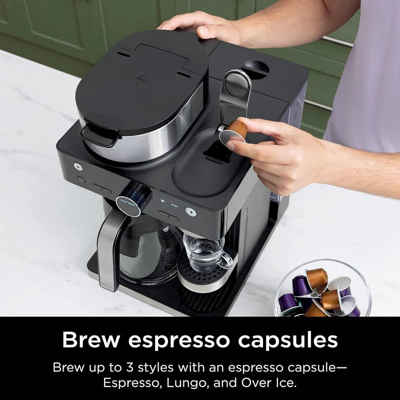 Cafetera Ninja Espresso & Coffee Barista System. Máquina De Café De Capacidad Hasta 12 Tazas, Función Para Cápsulas De Nespresso, Espumador Plegable NJS-38-CFN601