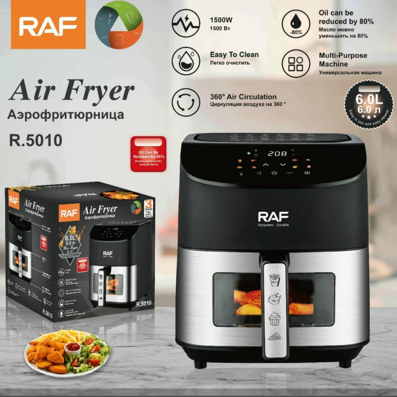 Freidora De Aire 6 Litros 1500W. Air Fryer Eléctrica De Alta Capacidad Con Circulación De Aire 360°. Freidora Sin Aceite Con Panel Táctil R.5010-110