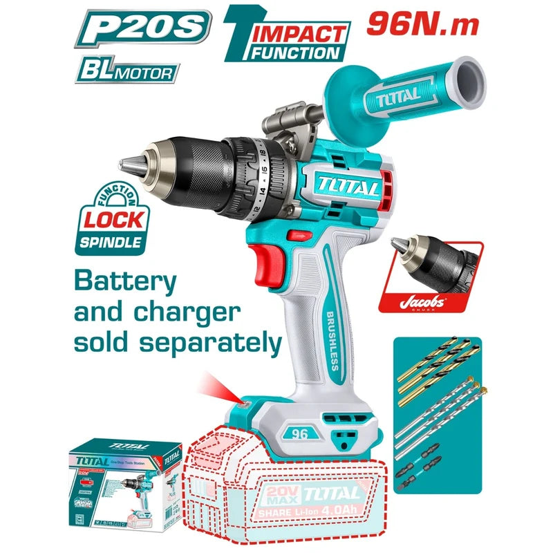 Drill Taladro Percutor 96N.M 1/2" 20V Mandril Metálico Jacobs Luz LED. Motor Sin Escobillas. No Incluye Batería Ni Cargador. TIDLI209687