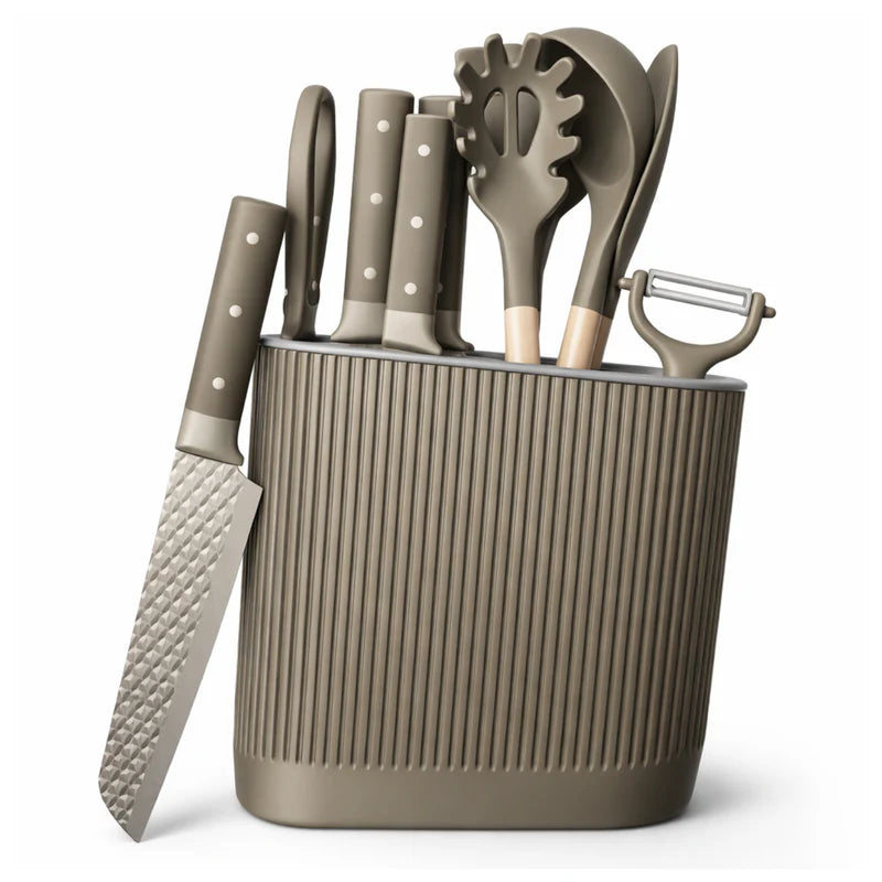 Utensilios De Cocina Y Cuchillos Color Verde Set De 11 Piezas Con Soporte. Diseño Texturizado Antiadherente. UN-A196