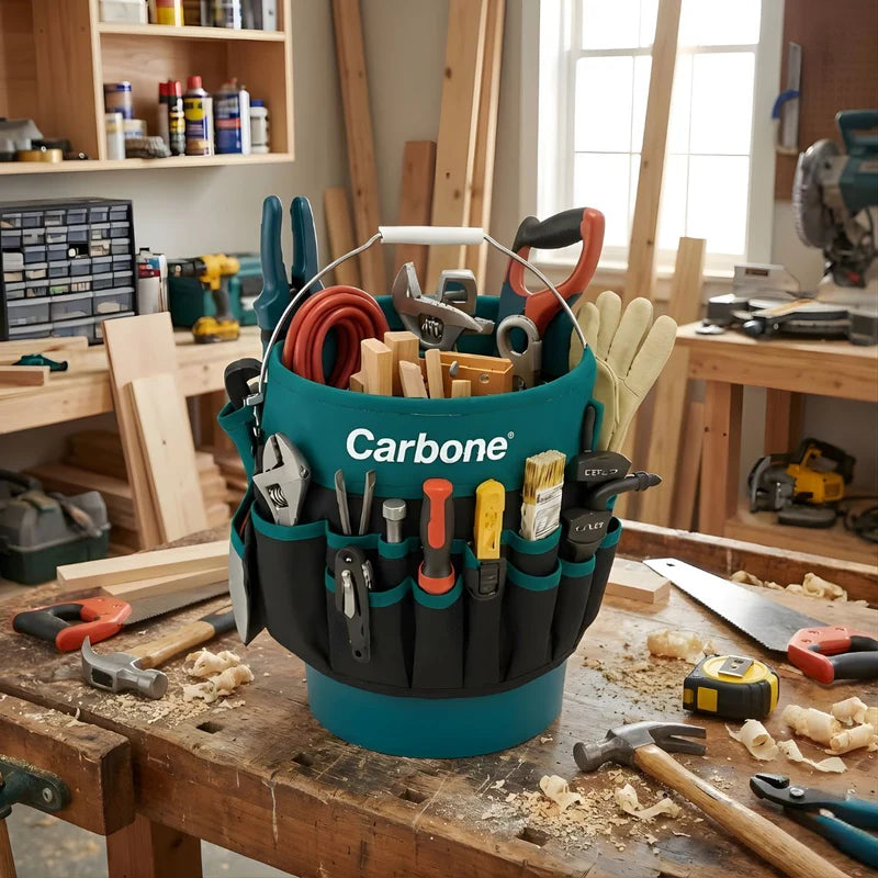 Bolso Cubeta Caja Porta Herramientas Textil Oxford. Cubo Organizador Carbone Con Múltiples Bolsillos Y Asa Metálica 30X32cm. ( No Incluye Cubeta) Solo El Textil Para Usar Con Cubeta UN-F001