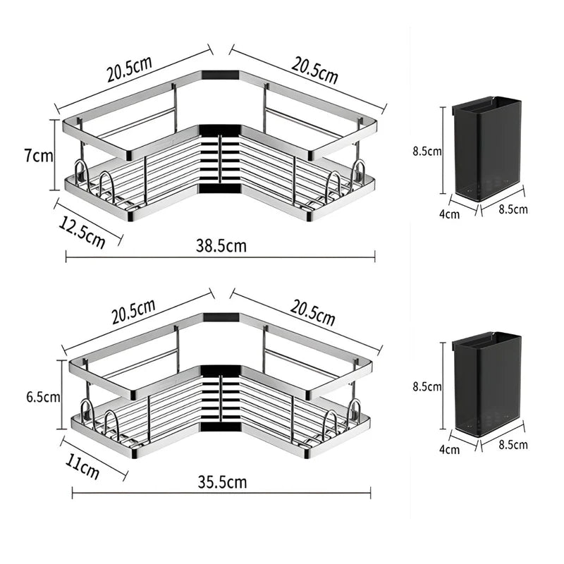 Organizador De Baño Esquinero Doble De Acero Inoxidable. Set De Repisas De Ducha Con Ganchos Adhesivos Sin Perforación (5 Unds). Incluye Ganchos Y 2 Porta Cepillos Y 1 Jabonera. Color Plateado UN-X058
