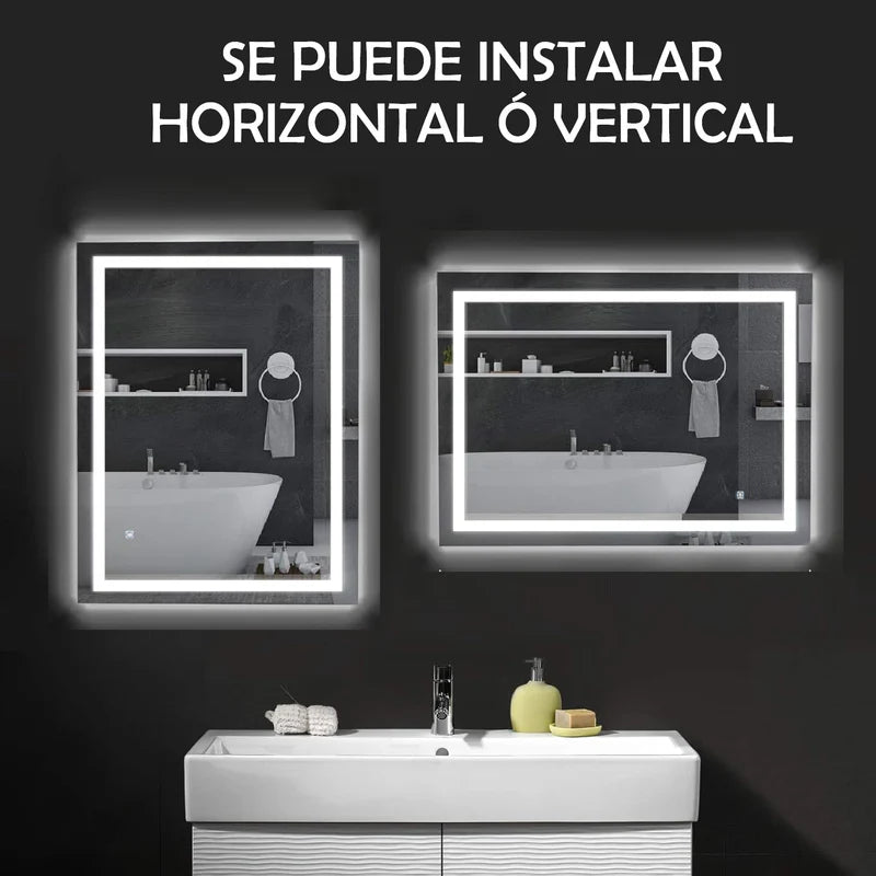 Espejo LED Borde Negro Rectangular 80 Cm X 120 Cm Con Luz LED De 3 Tonos Botón Táctil Funciona Para Instalación Vertical Y Horizontal GMIRROR19