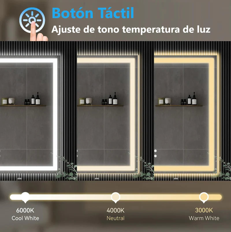 Espejo LED Rectangular 70X90 Cm Con Luz LED De 3 Tonos Botón Táctil Funciona Para Instalación Vertical Y Horizontal GMIRROR07 Selecto