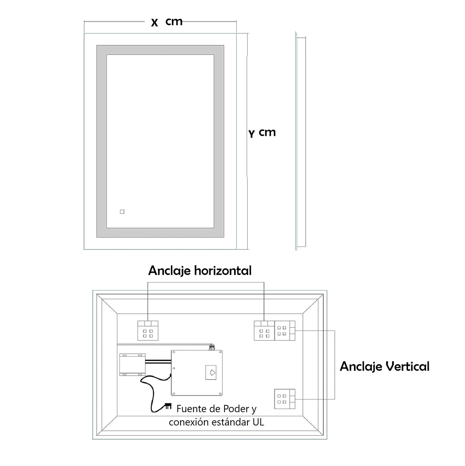 Espejo LED Borde Negro 60X80 Cm Luz LED De 3 Tonos Botón Táctil Funciona Para Instalación Vertical Y Horizontal GMIRROR18