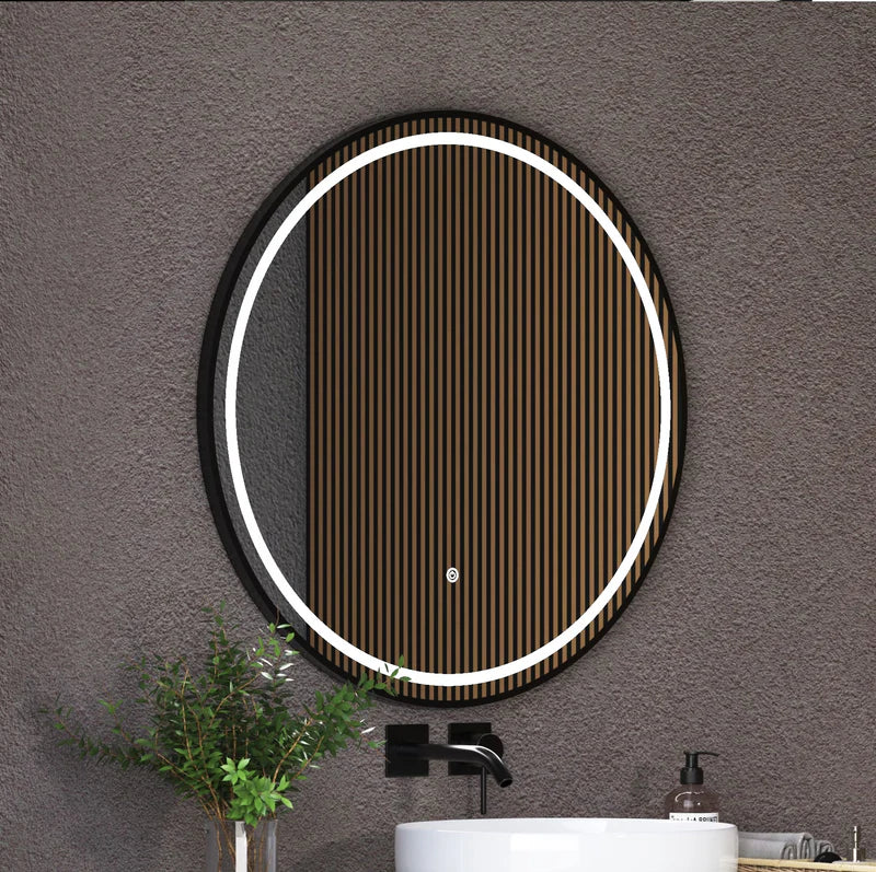 Espejo LED Borde Negro Circular Diámetro 80 Cm Con Luz LED De 3 Tonos Botón Táctil GMIRROR16