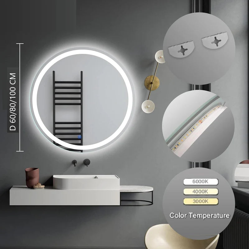 Espejo LED Circular Diámetro 80Cm Con Luz LED De 3 Tonos Botón Táctil GMIRROR11