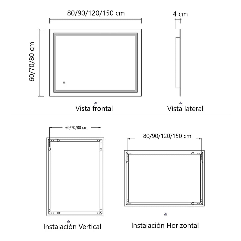 Espejo LED Rectangular 60X80 Cm Con Luz LED De 3 Tonos Botón Táctil Funciona Para Instalación Vertical Y Horizontal GMIRROR06