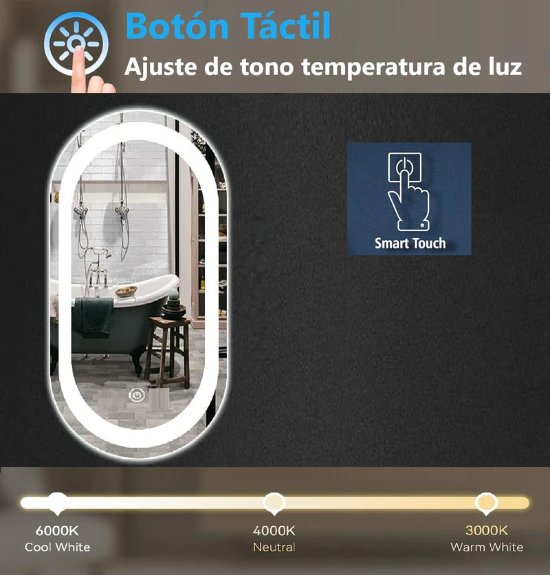 Espejo LED Ovalado 45 Cm Ancho X 90 Cm Alto Con Luz LED De 3 Tonos Botón Táctil GMIRROR13