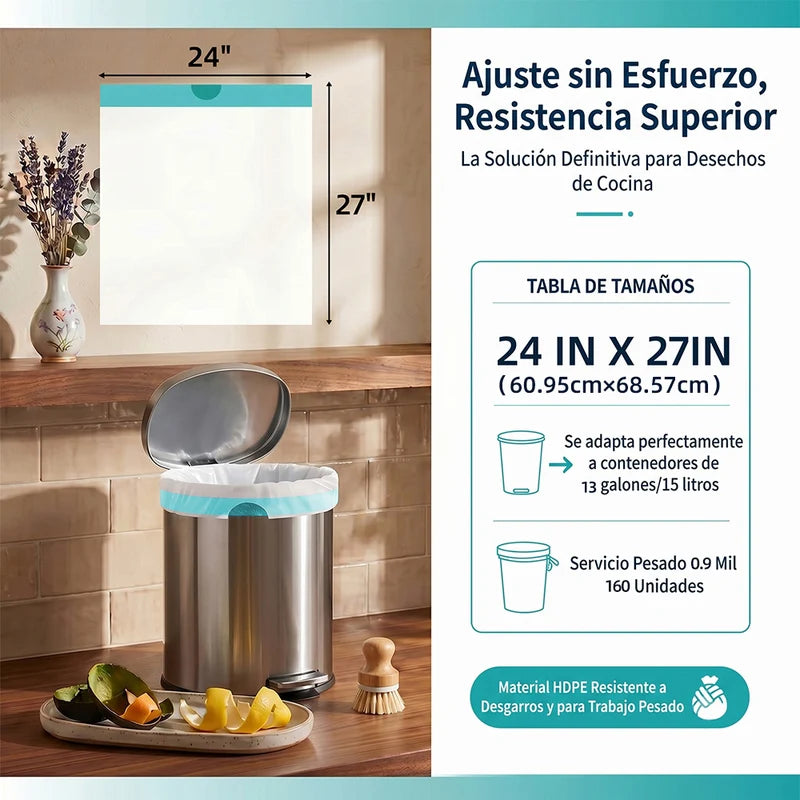 Bolsas De Basura Para Cocina Aromatizadas 13 Galones (49Lt) (160 Unds) Con Cordón Ajustable. Cartuchos Para Desechos Flexibles (62X68 Cm) Color Blanco AN42