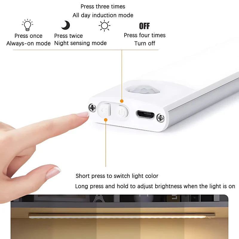 Lámpara LED Ultra Fina Con Sensor De Movimiento. 120 Leds, 3 Modos Y Carga Rápida. Luz Inteligente Inalámbrica 60Cm. (Luz Cálida, Blanca Y Natural) AB322