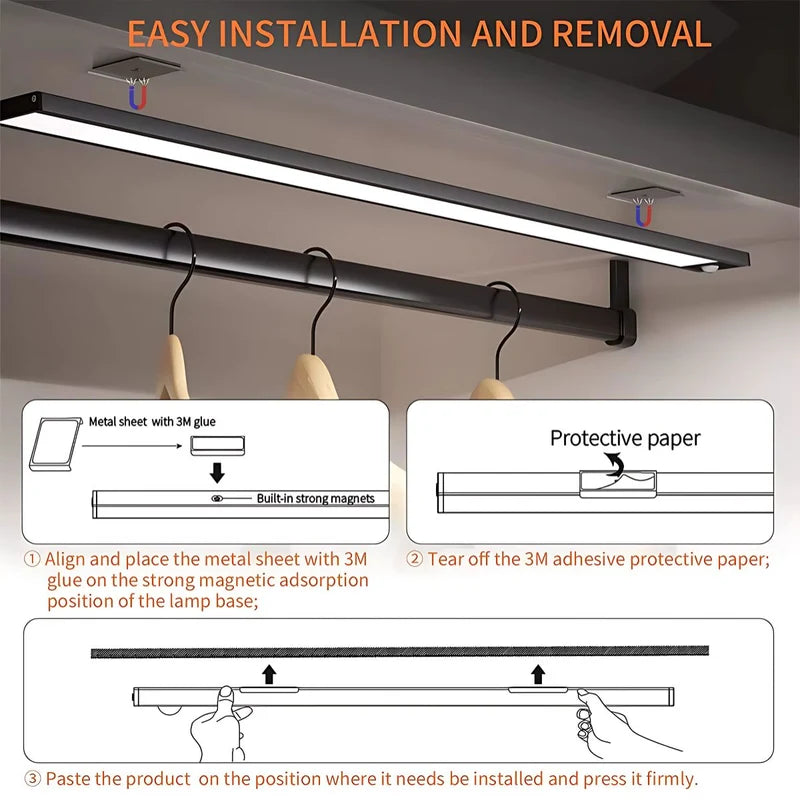 Lámpara LED Ultra Fina Con Sensor De Movimiento. 120 Leds, 3 Modos Y Carga Rápida. Luz Inteligente Inalámbrica 60Cm. (Luz Cálida, Blanca Y Natural) AB322