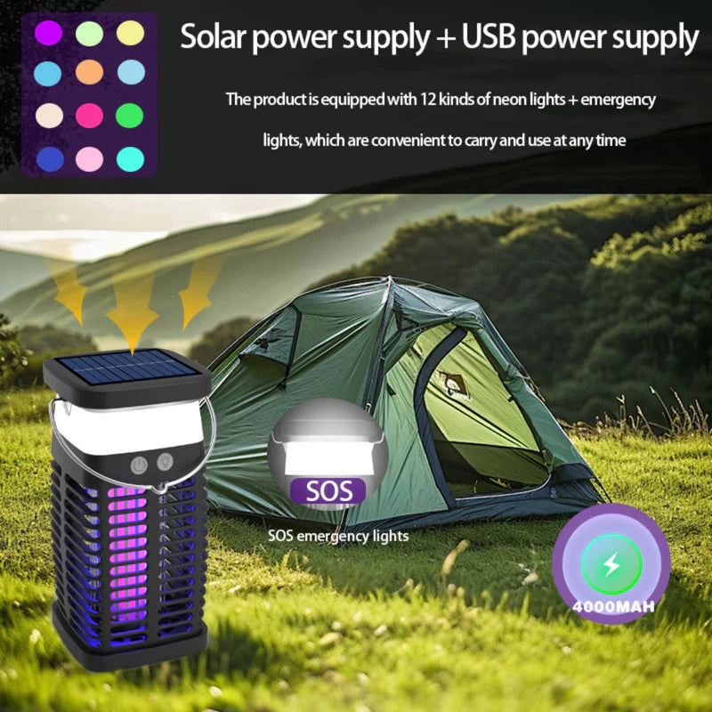 Lámpara Mata Insectos. Trampa Para Mosquitos Eléctrica Portátil Con Panel Solar 4200V. Luz UV Inalámbrica. AB353 Selecto