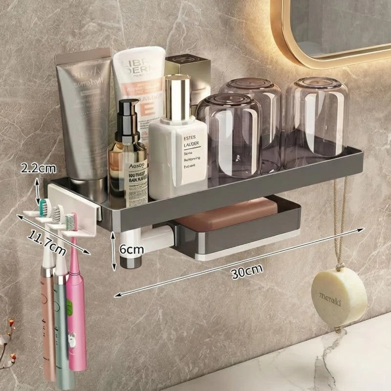 Repisa Organizadora Para Baño Con Porta Cepillos Y Jabonera Giratoria 30 Cm Color Blanco. Organizador LT128