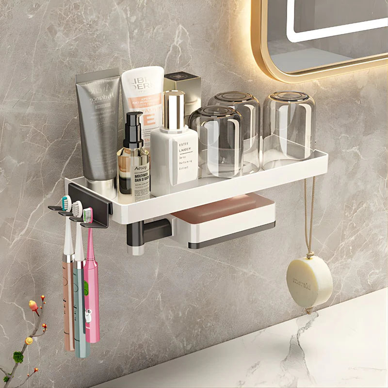 Repisa Organizadora Para Baño Con Porta Cepillos Y Jabonera Giratoria 30 Cm Color Blanco. Organizador LT128