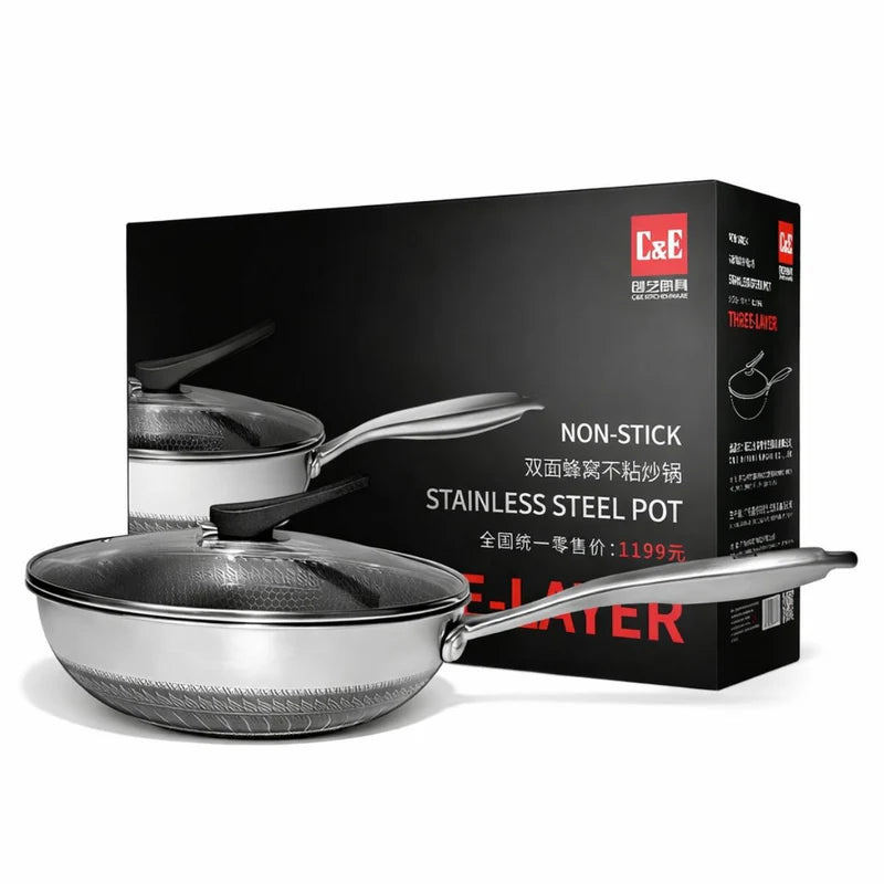 Wok Antiadherente De Acero Inoxidable De 3 Capas 32 Cm (12.5") Con Tapa De Vidrio Templado. Mango De Acero Inoxidable. Grosor 2.2 Mm. UN-A216