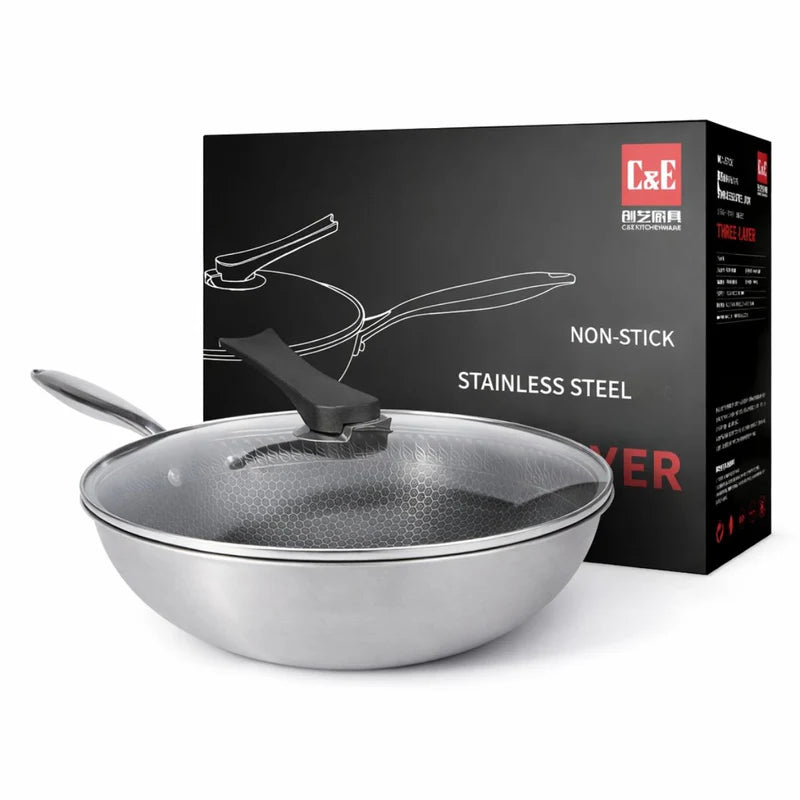Wok De Acero Inoxidable De 3 Capas Con Tapa De Vidrio Templado 32 Cm (12.5"). Sartén Antiadherente Multicapa De 2.2 Mm UN-A229