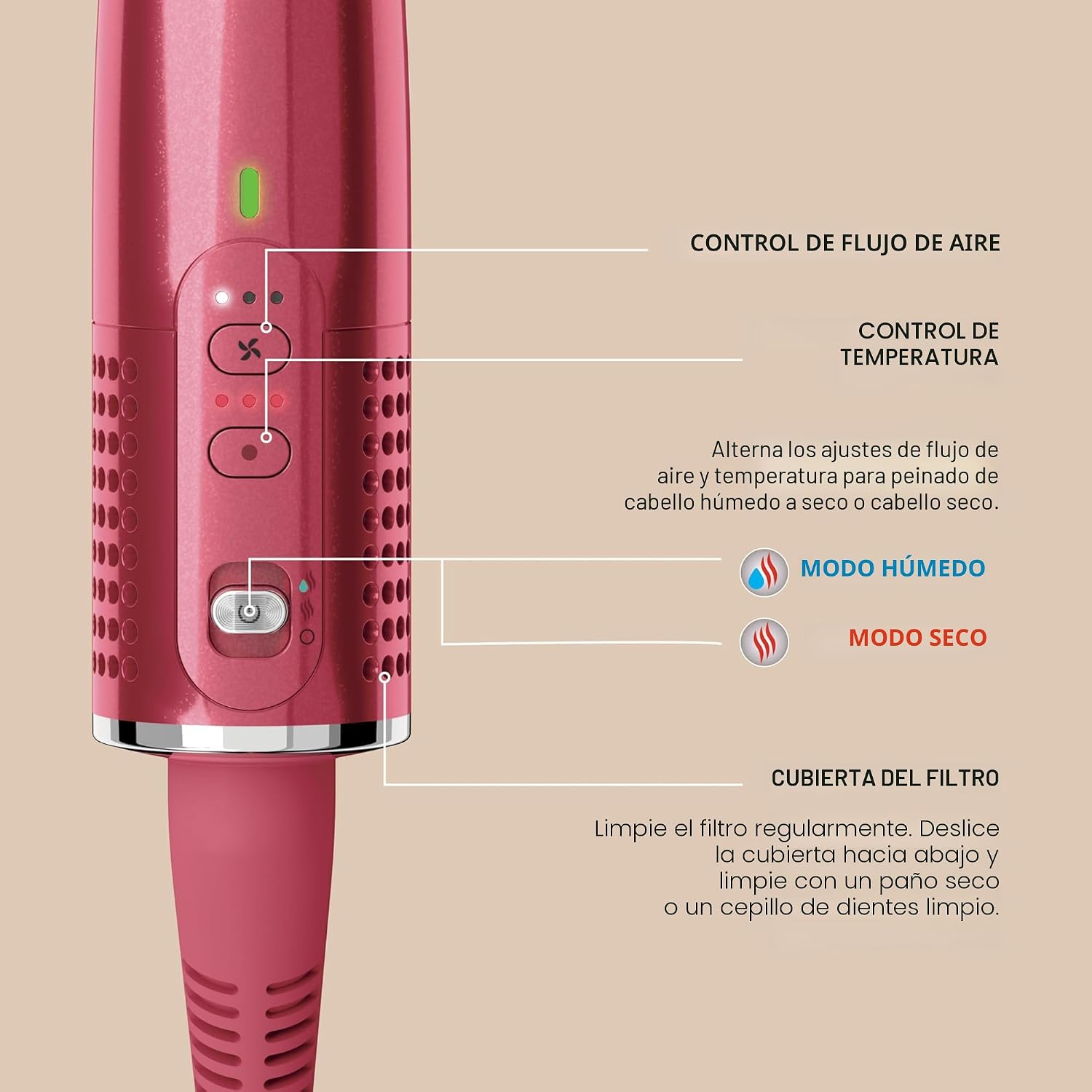 (LLEGANDO 1 DE SEPT) Cepillo Secador y Estilizador Shark Glossi HT302BP 2 en 1 – 1300W, 120V, Color Raspberry