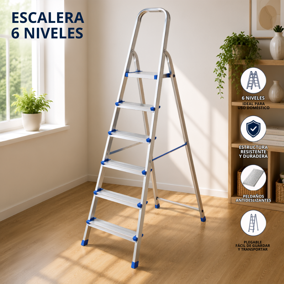 Escalera Plegable de Aluminio 6 Niveles | Escalera Antideslizante para Hogar y Oficina NS446734